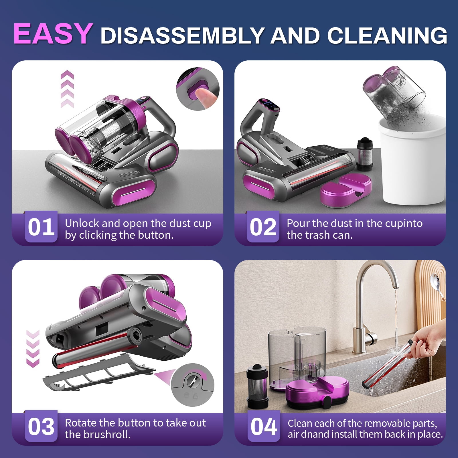 Cordless Mattress Vacuum Cleaner, 16kpa Bed Vacuum Cleaner with 253.7nm Uv-C Light & Ultrasonic Tech Dual Bins for Dust & Widen Suction Port 120w for Bed Sofa & Pet Hair(Purple)