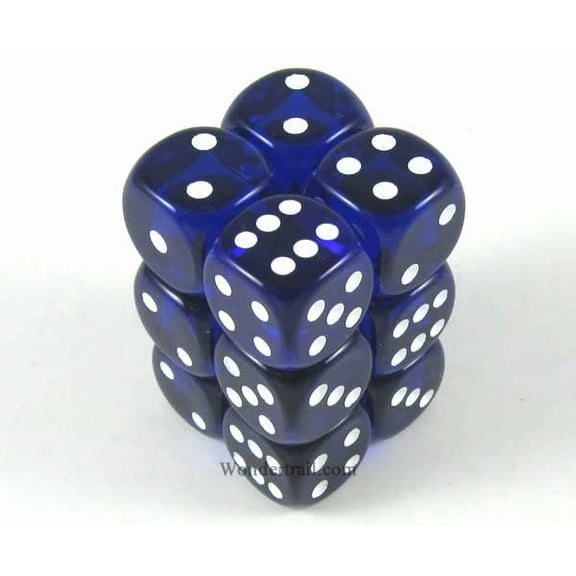 Blue Transparent Deluxe Dice with White Pips D6 16mm (5/8in) Pack of 12 Koplow Games