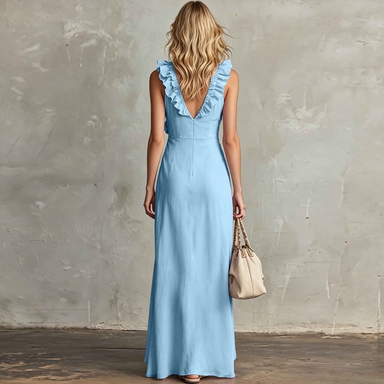 QUNYINEY Formal Wedding Guess Dress for Women Long Sleeveless Blue Elegant Cocktail Dresses Party with Slit Ruffle V Neck Slim Fit Dresses