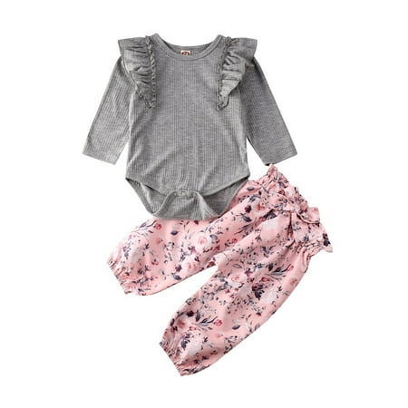 

2Pcs Trendy Infant Baby Girls Clothes Long Sleeve Tops Romper Floral Pants Outfits Autumn Clothes Set 0-18 months