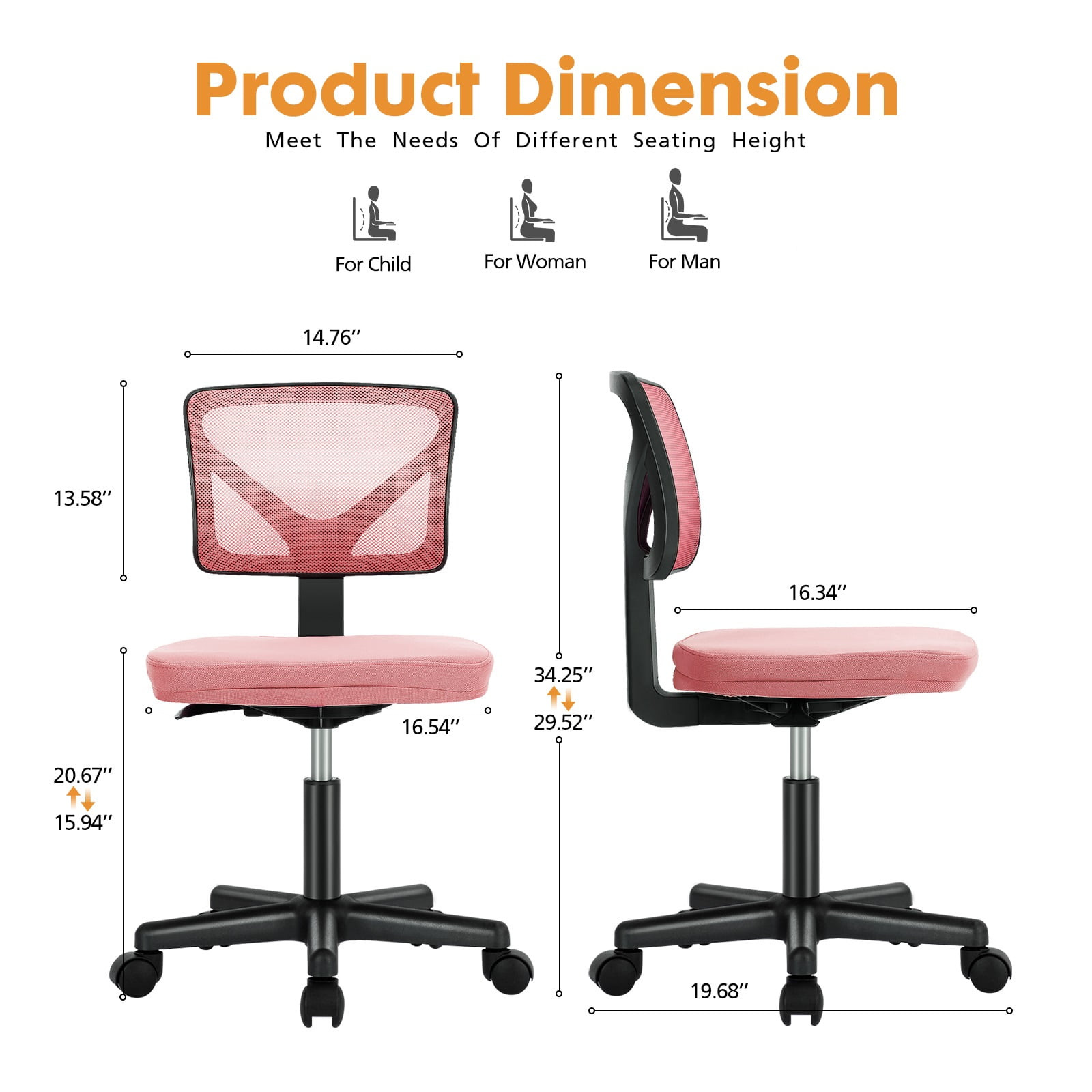 CONCETTA Ergonomic Home Office Mesh Desk Chair, Small Space, Armless Rolling Chair for Adults, Pink