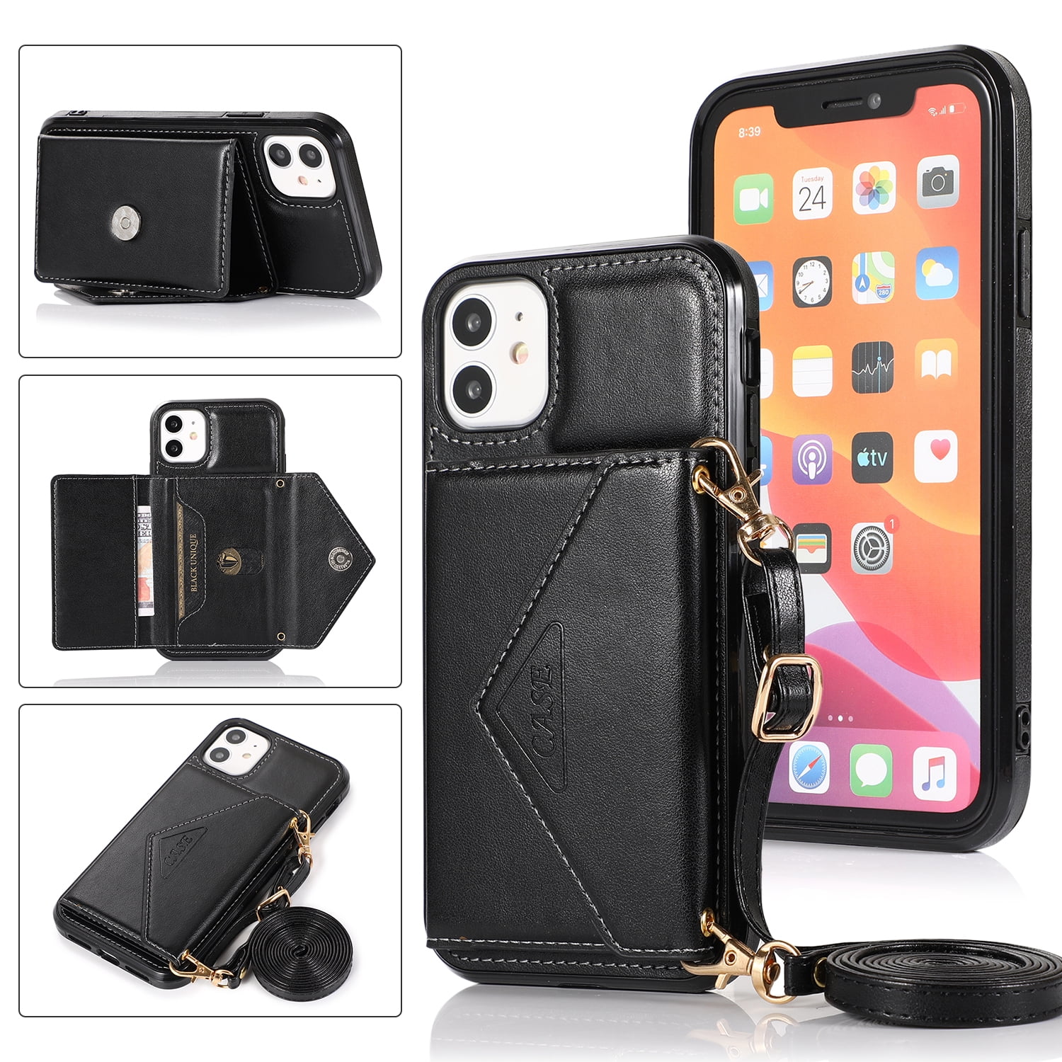 Phone Case for iPhone 11 Wallet Cover with Wrist Crossbody Strap