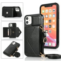 Phone Case for iPhone 11 Wallet Cover with Wrist Crossbody Strap Lanyard Credit Shoulder Card Holder Slot Stand Leather Back Magnetic Flip Cell Accessories For iPhone 11, Black