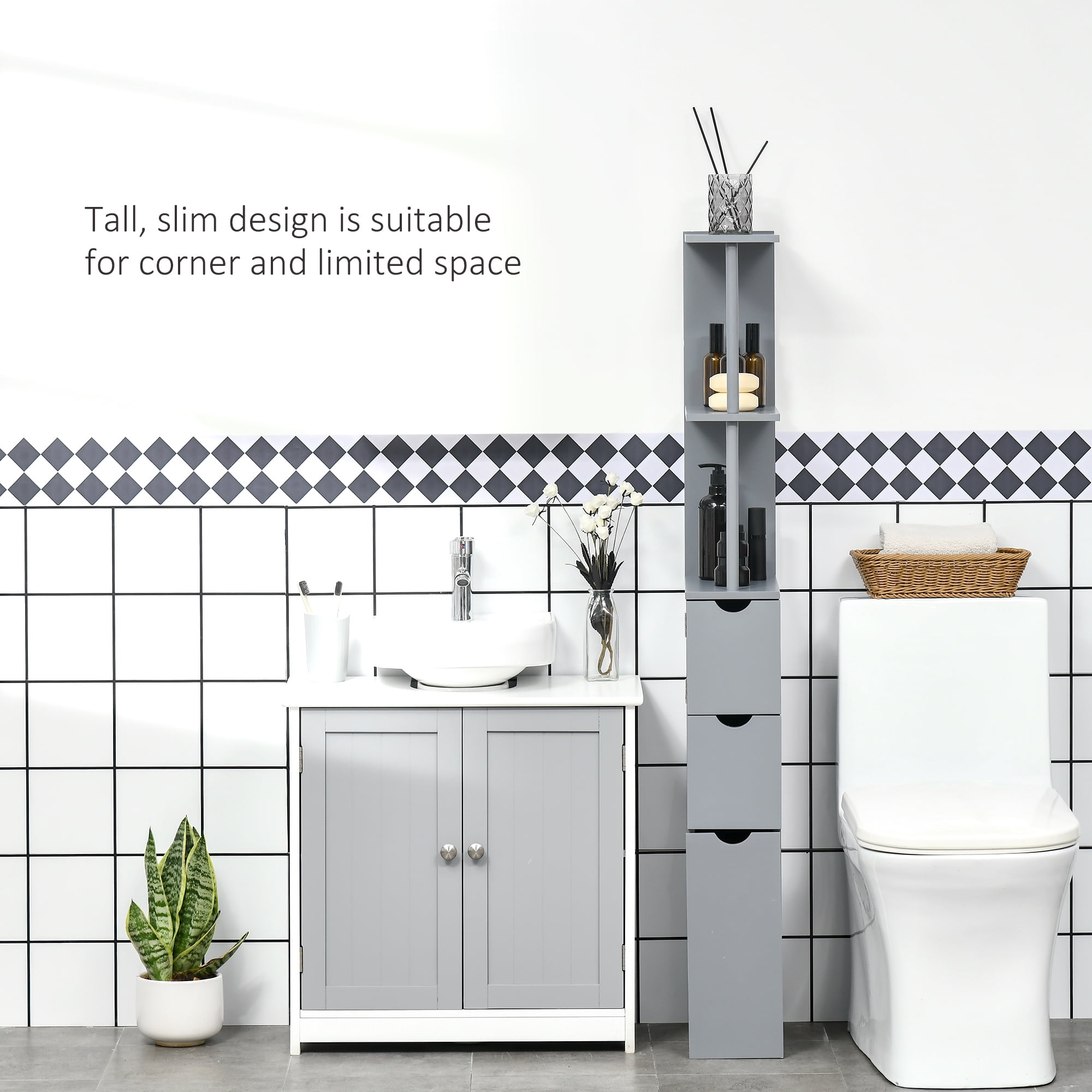 HOQBN 54" Tall Freestanding Bathroom Storage Cabinet with 2‑Tier Shelf and Drawers, Multipurpose Storage Cabinet for Bathroom Laundry Room Home, Grey