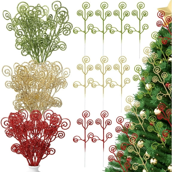 30 Pcs Christmas Tree Picks Decoration, Xmas Sequins Candy Shape Curly Picks, Christmas Picks Sprays Glitter Christmas Floral Pick for Home Vase Filler Garland