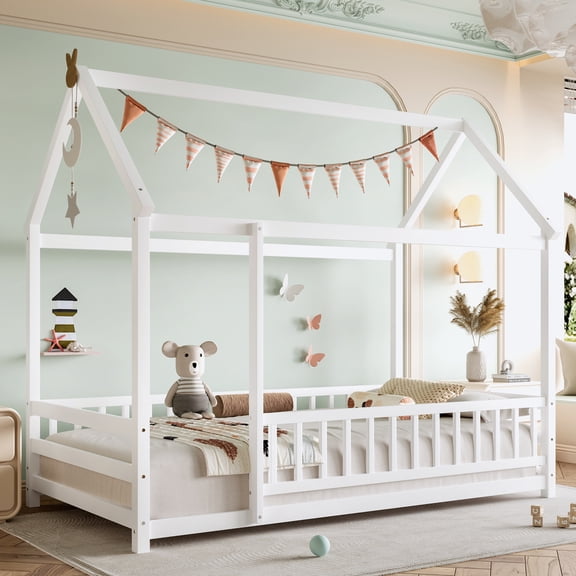 Twin Size House Bed Frame, White Wooden Floor Bed with Roof and Guardrails, Low Profile Pine Wood Bed, Playful Bedroom Furniture