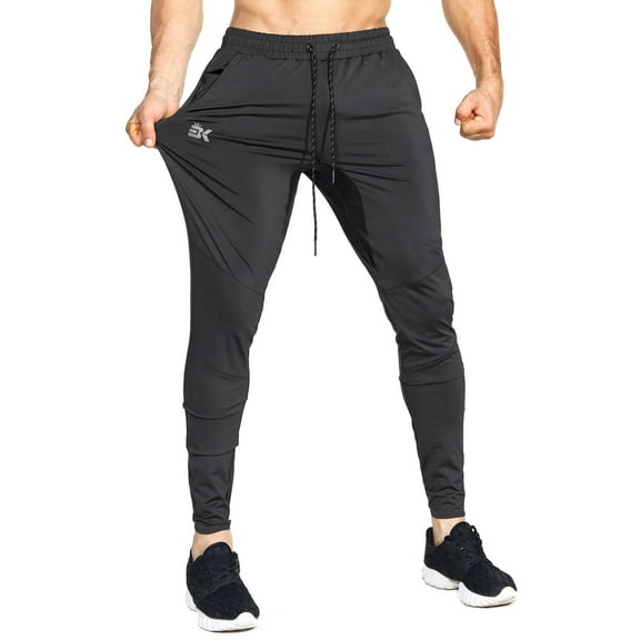 BROKIG Mens Stretch Lightweight Gym Joggers Pants Workout Athletic Sweatpants with Zip Pocket (Large, Black)
