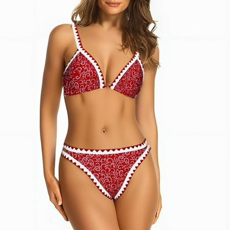Jjayotai No Boundaries Womens Swimsuits  Sexy Thong Micro Bikini Ditsy Floral Two Piece Bathing Suit  Color Block Bandeau Swim Top  High Waist Bikini Sets for Women Red~ L