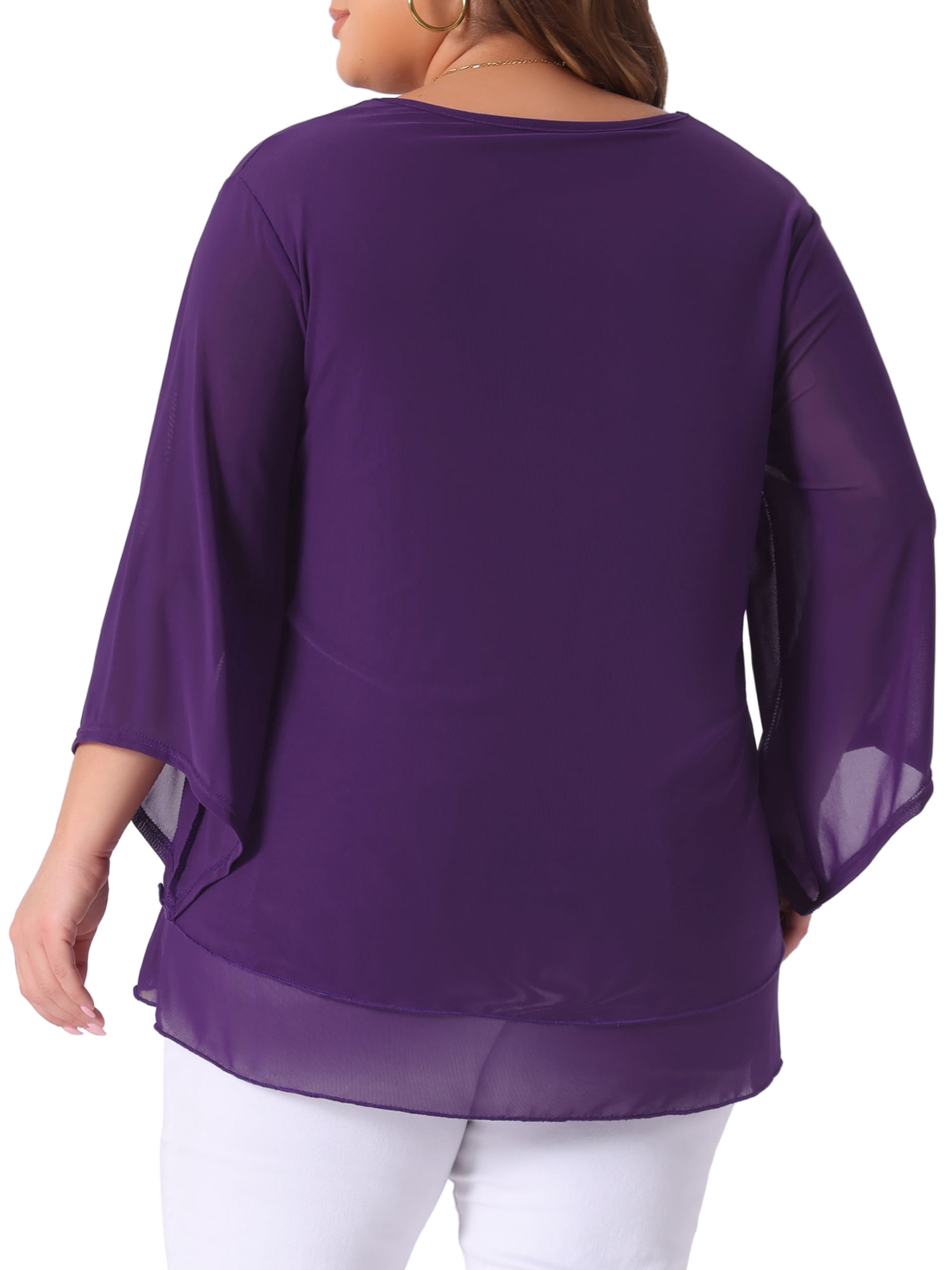 Women's Plus Shirt 3/4 Sleeve Scoop Neck Double Layers Blouse Top L Purple