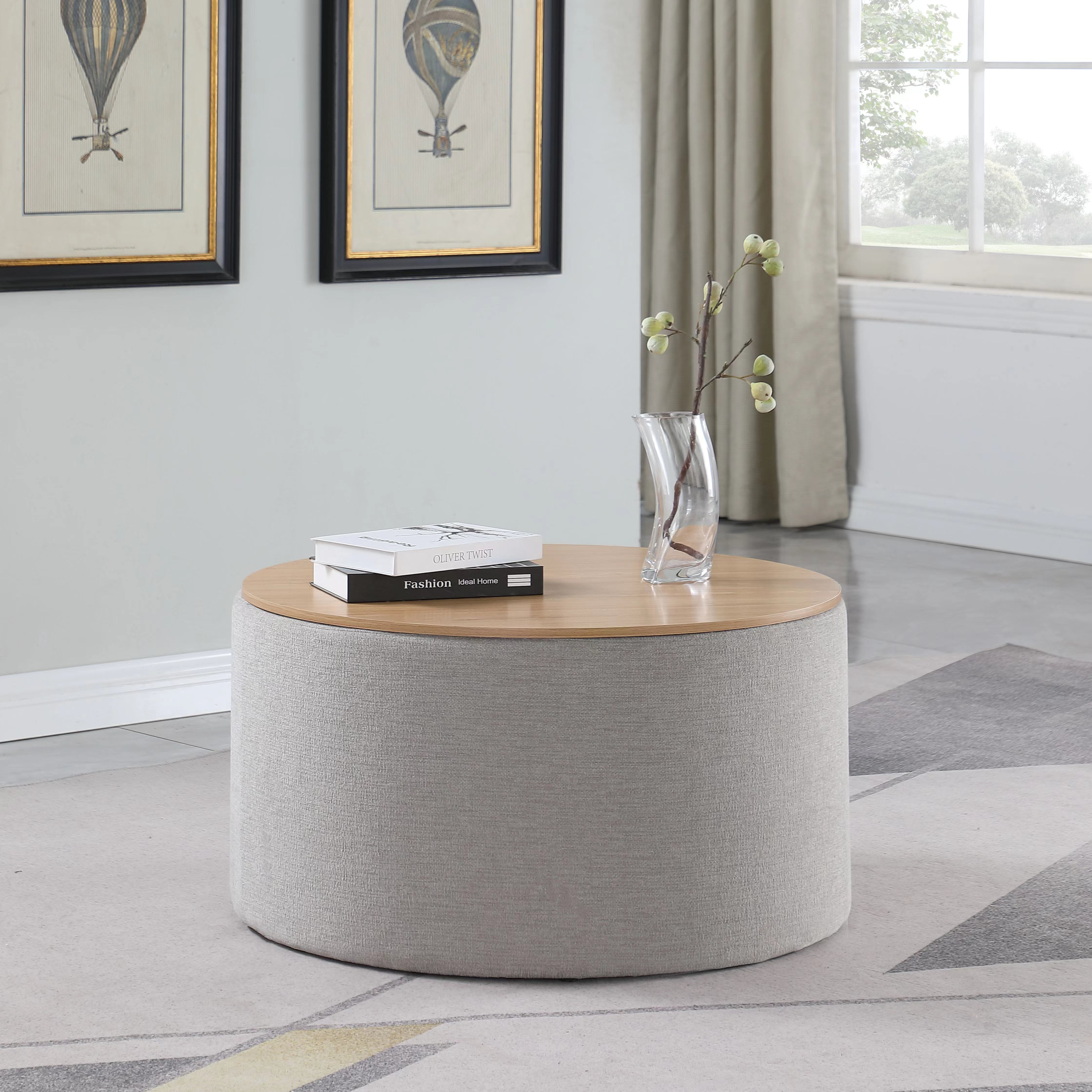 HomePop Large Modern Round Storage Ottoman with Wood Lift-Top Lid, Light Gray/Natural