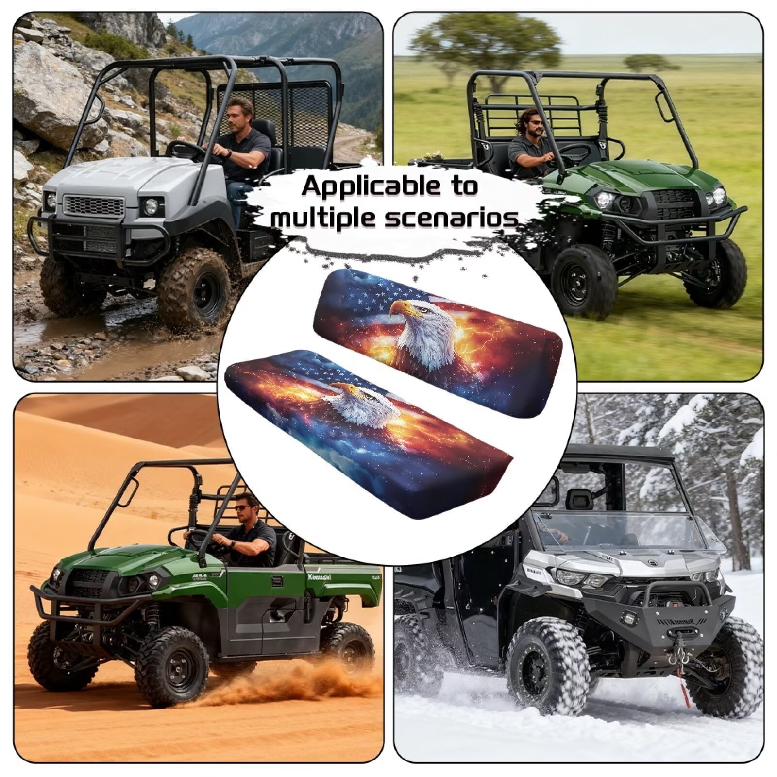 Binienty American Flag Bald Eagle UTV Seat Covers for Kawasaki Mule 2009-2024 4000 4010/2001-2018 3000 3010, Full Protection Heavy Duty Polyester UTV Seat Cover Set for Mule 3010 Front Seats Only