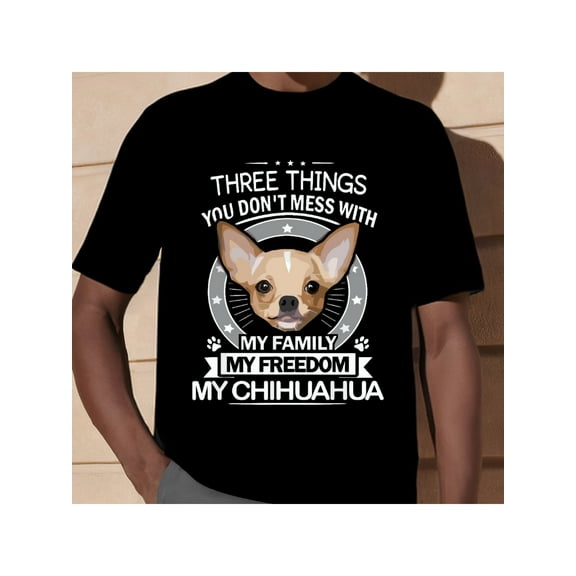 Chihuahua Graphic T-Shirt, Cotton Blend Crew Neck Tee, Casual Style, Slight Stretch Fabricy "Three Things" Print, for Spring, Summer, Fall