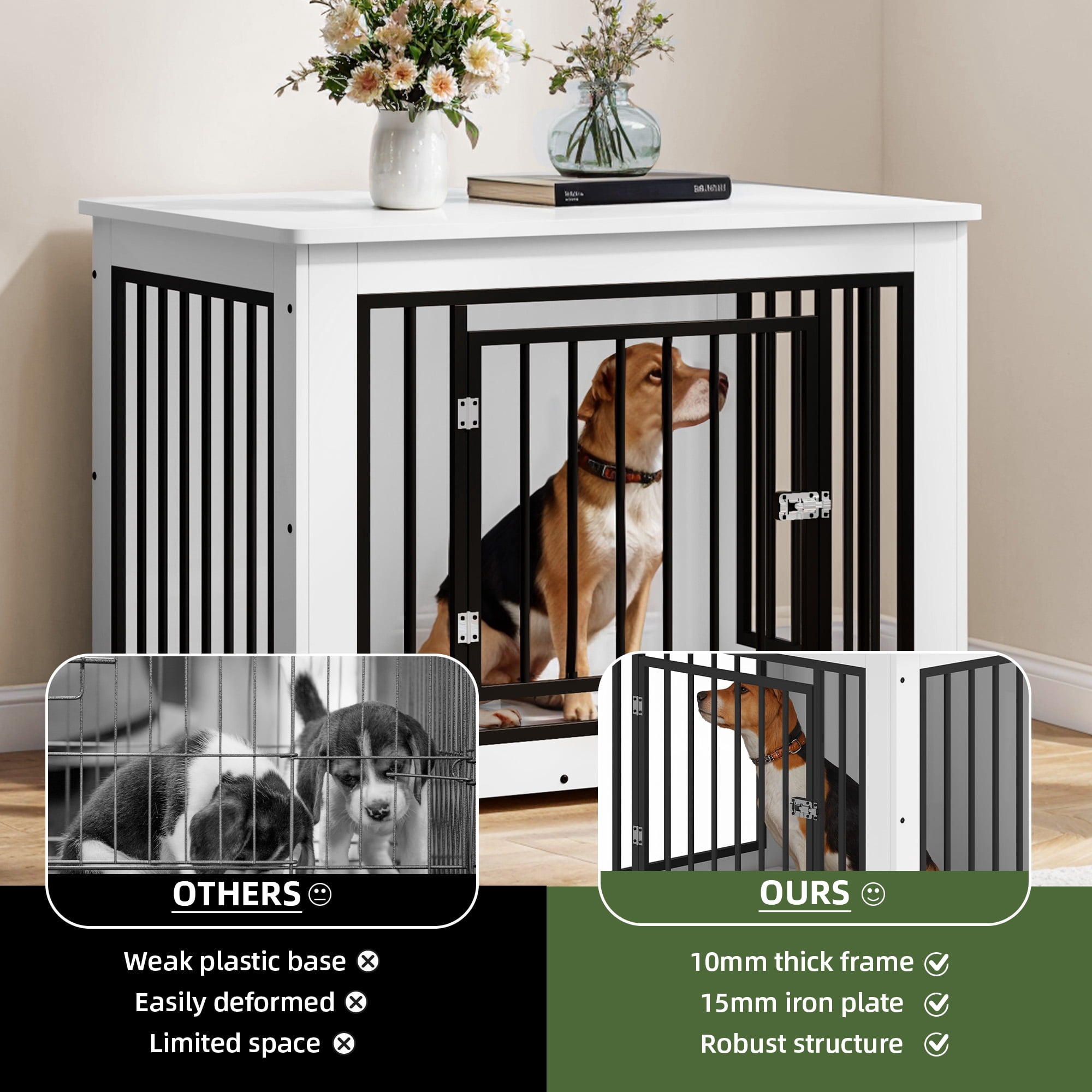 Uforic 38" Wooden Indoor Dog Kennel with Chew Resistant Metal Frame, with Waterproof Top & Rounded Corners for Indoor Use, White