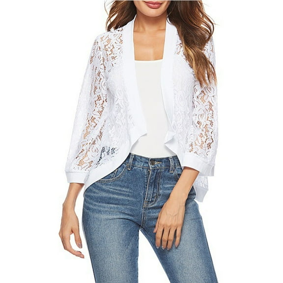 ASFGIMUJ Open Cardigan For Women Casual Lace Crochet Cardigan Three Quarter Sleeve Sheer Cover Up Jacket White XXL