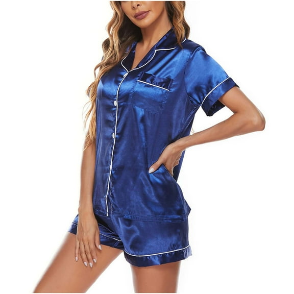 Usmixi Womens 2 Piece Sleepwear Comfy Silky Satin Pajamas Homewear Sets Casual Button Down Short Sleeve Tops and Shorts Lounge Sets with Pocket under $5
