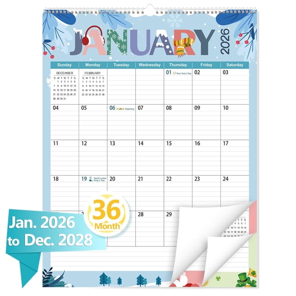 Calendario de Pared GuassLee 2026-2028 Vertical de 36 Meses 43x56 cm