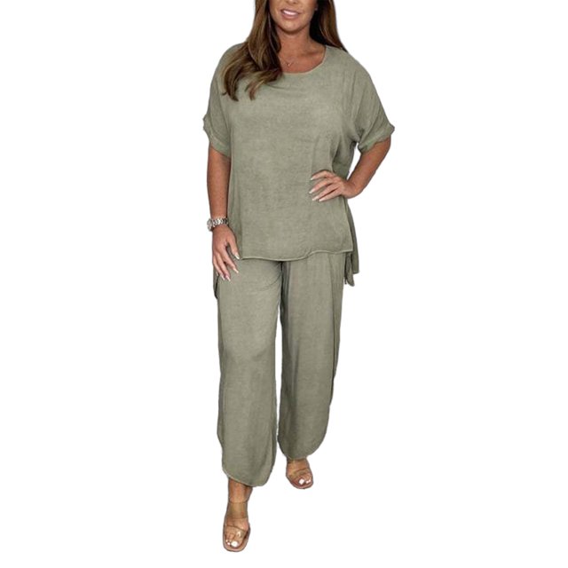 Conjuntos De Pantalones De 2 Piezas Conjuntos de pantalones de 2 piezas para mujer, cuello redondo, ropa diaria de pierna ancha para mujer (verde militar XL) Cgtredaw Para estrenar