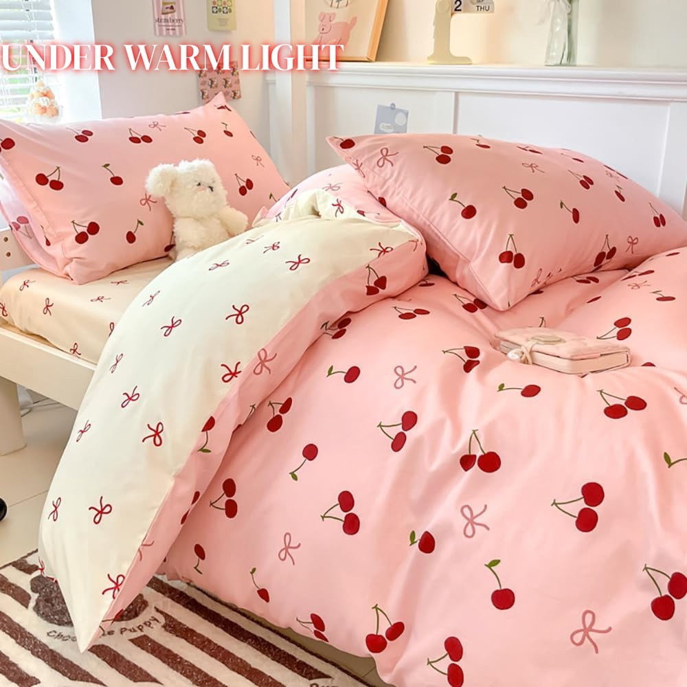 JOLUSERE 2-Piece Red Cherries with Pink Bows Comforter Twin Set , Soft Aesthetic Cherry Pattern Bedding Set for Kids Adults