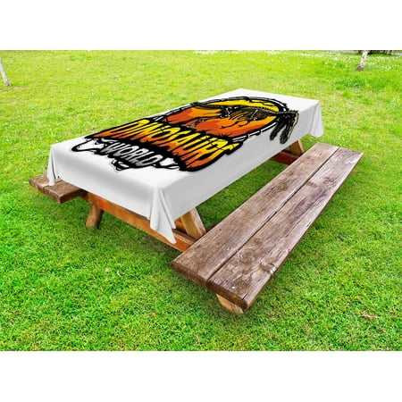 

Dinosaur Outdoor Tablecloth Dinosaurs World Emblem with Tyrannosaur Skeleton Dead Scary Beast Fossil Decorative Washable Fabric Picnic Tablecloth 58 X 104 Inches Orange Yellow Grey by Ambesonne