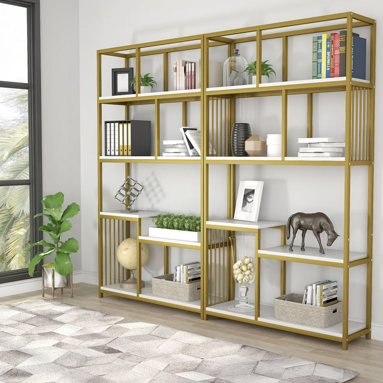 Tribesigns White and Gold Metal 6-Shelf Corner Bookcase with Doors (15.75-in W x 73.22-in H x 15.75-in D) Unfinished | HOGA-NY051