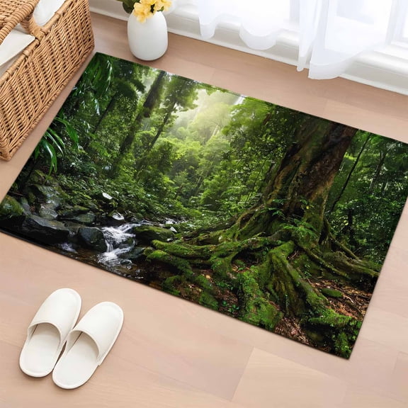 Green Forest Entryway Rug 2'x3' Non Slip Front Door Mats, Summer Botanical Watercolor Modern Art Entrance Rugs Indoor Outdoor Carpet, Washable Floor Mats Small Area Rug for Bedroom Kitchen
