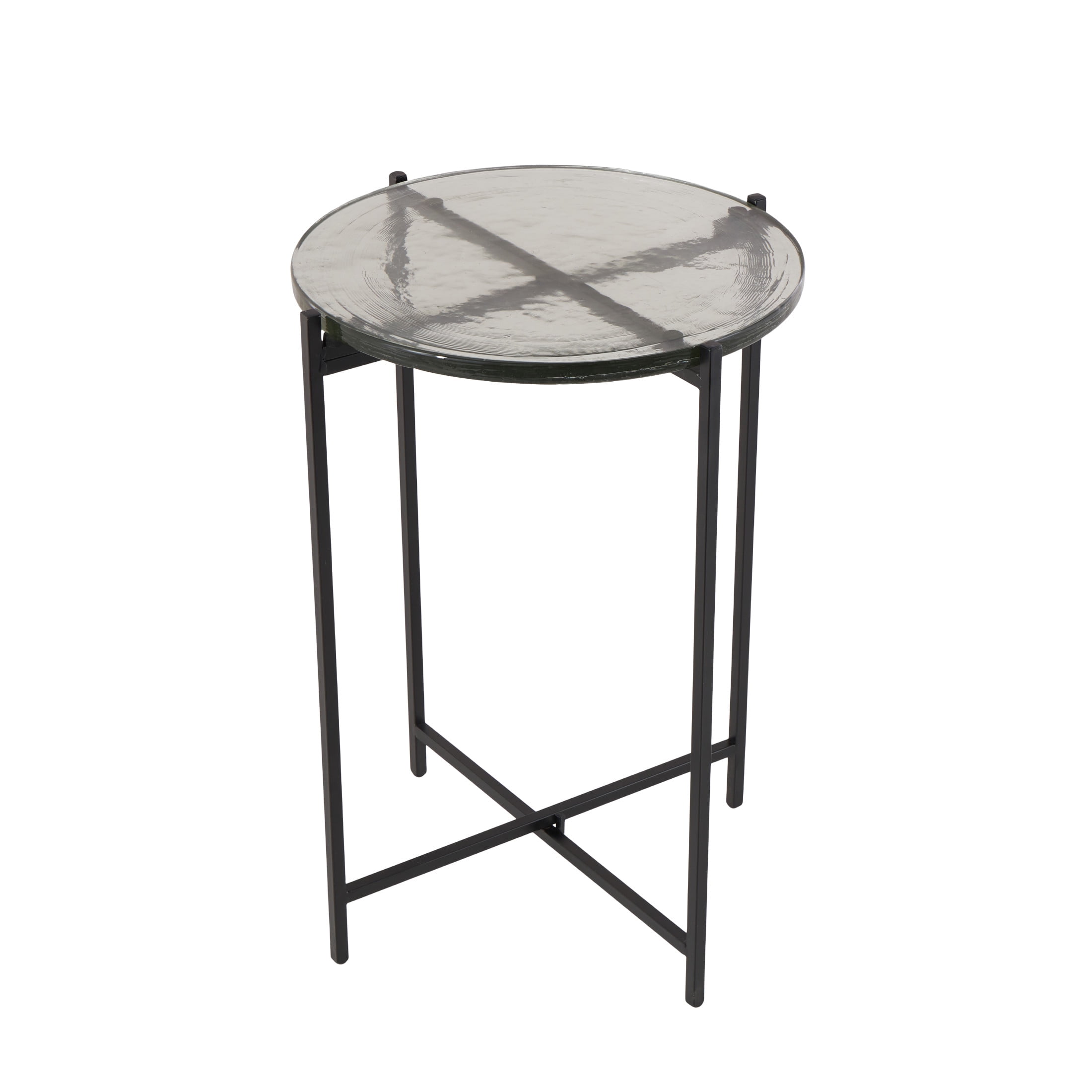 DecMode 16" x 24" Black Metal X-Shaped Accent Table with Textured Glass Tabletop, 1-Piece