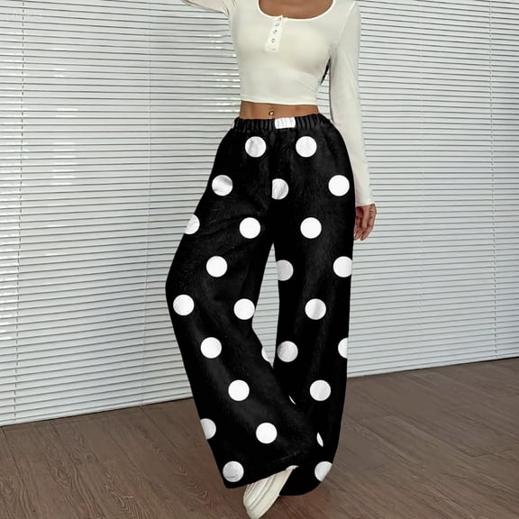 Palazzo Pajama Pants Women Baggy Wide Leg Fleece Lounge Pants Soft Fluffy Polka Dot Pants 2025 Fashion Fall Winter High Waisted Sweatpants Black XXL