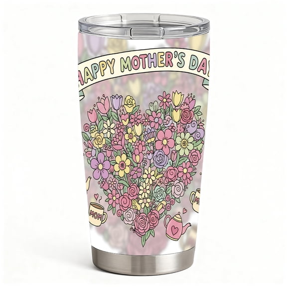 Stainless Steel Insulated Tumbler with Lid, Happy Mother’s Day Heart Floral Bouquet Design, Double Wall Hot Cold Travel Cup, Gift for Mom