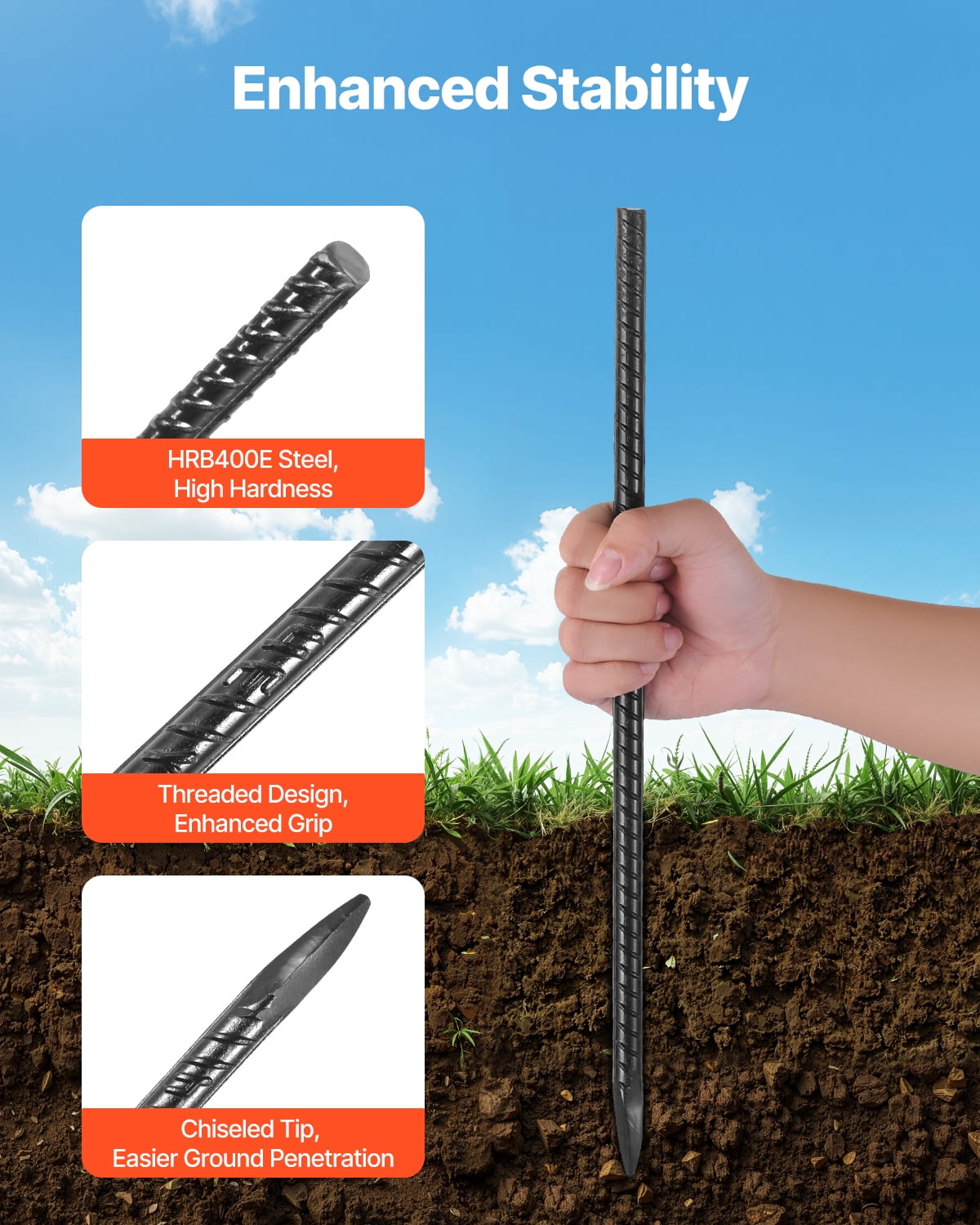 VEVOR Rebar Stakes, 16-Inch, Heavy-Duty 0.45 in Diameter, Straight Galvanized Steel Ground Anchors with Chisel Point End & Rust-Resistant Coating, for Gardening Support, Fence, Camping Tents