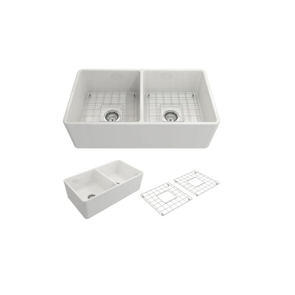 BOCCHI Classico Farmhouse Apron Front Fireclay 33 in. Double Bowl Kitchen Sink with Protective Bottom Grid and Strainer in White