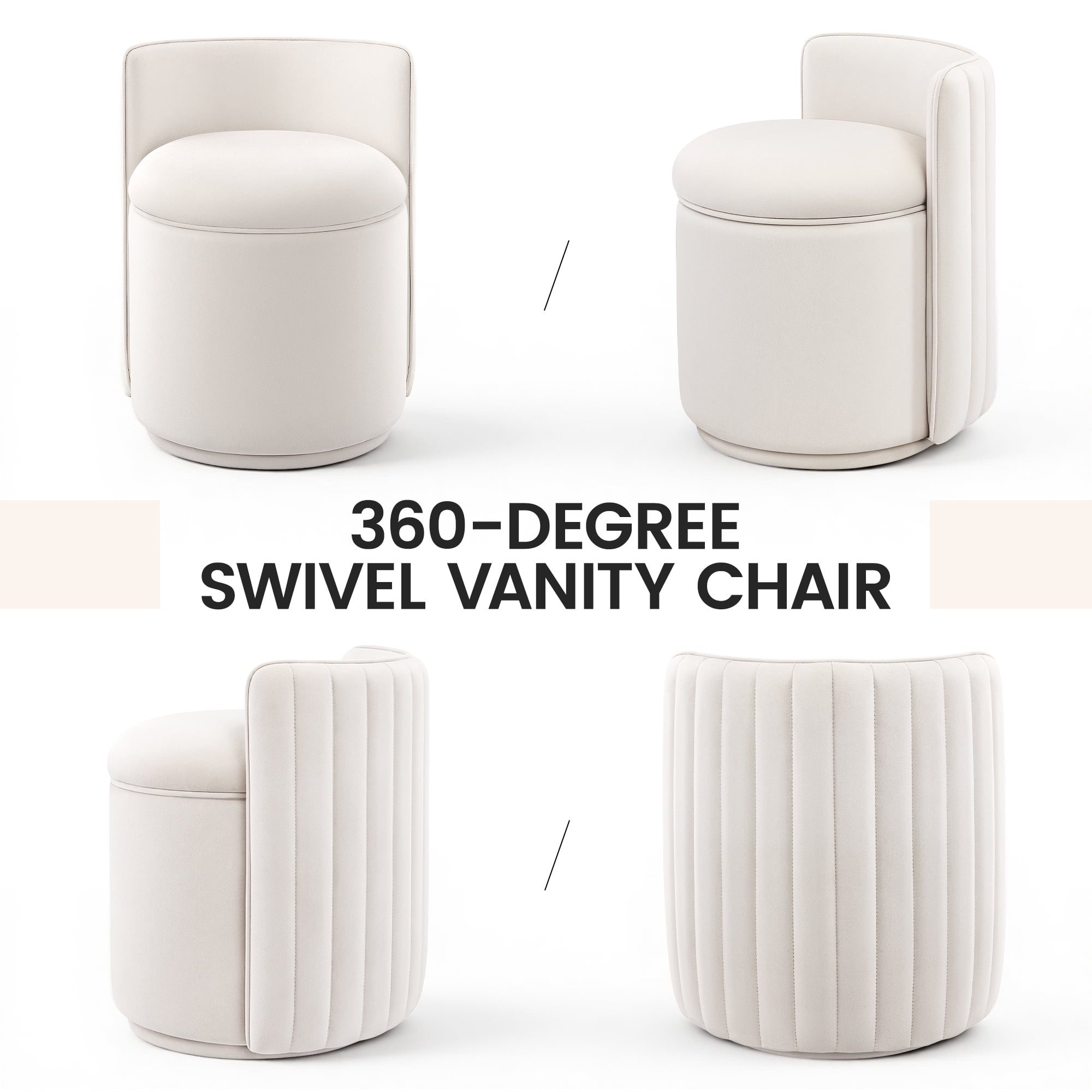 COOLHUT Vanity Chair, Upholstered Vanity Stool with Storage, Velvet Swivel Accent Chair, No Assembly Small Accent Stool, Makeup Chair for Bedroom, Living Room and Dressing Area, White
