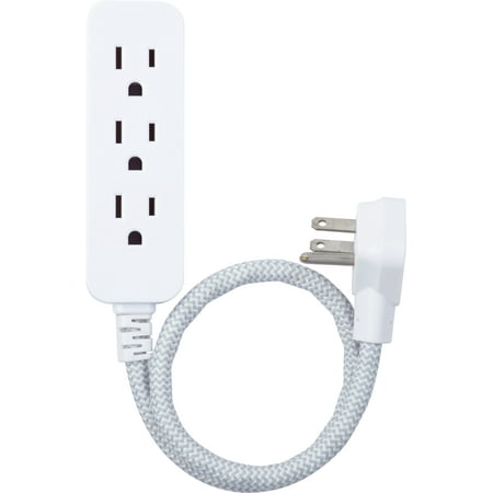 GE 3-Outlet Grounded Power Strip with 1 ft. Mini Braided Extension Cord, Gray/White