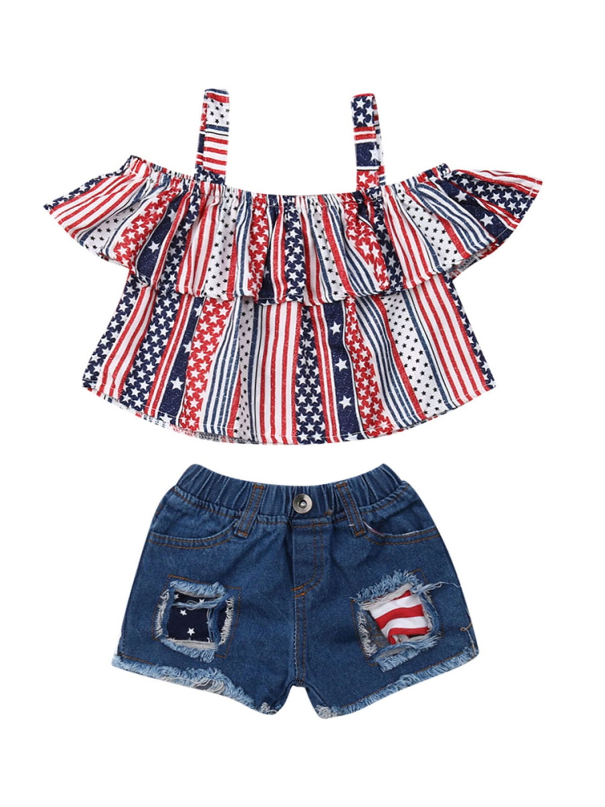 Toddler Kids Baby Girls Summer Clothes Set American Flag Stars Off ...