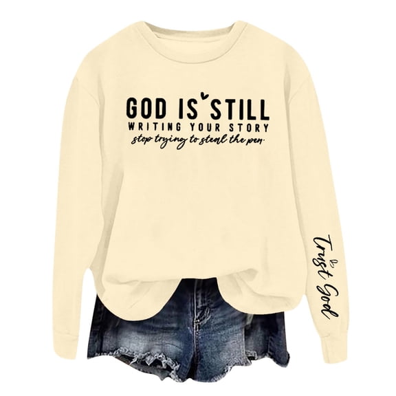 Ediodpoh Women's Sweatshirts Letter Print Pullover Round Neck Top for Fall and Winter Casual Comfortable Sweatshirt Beige XXL