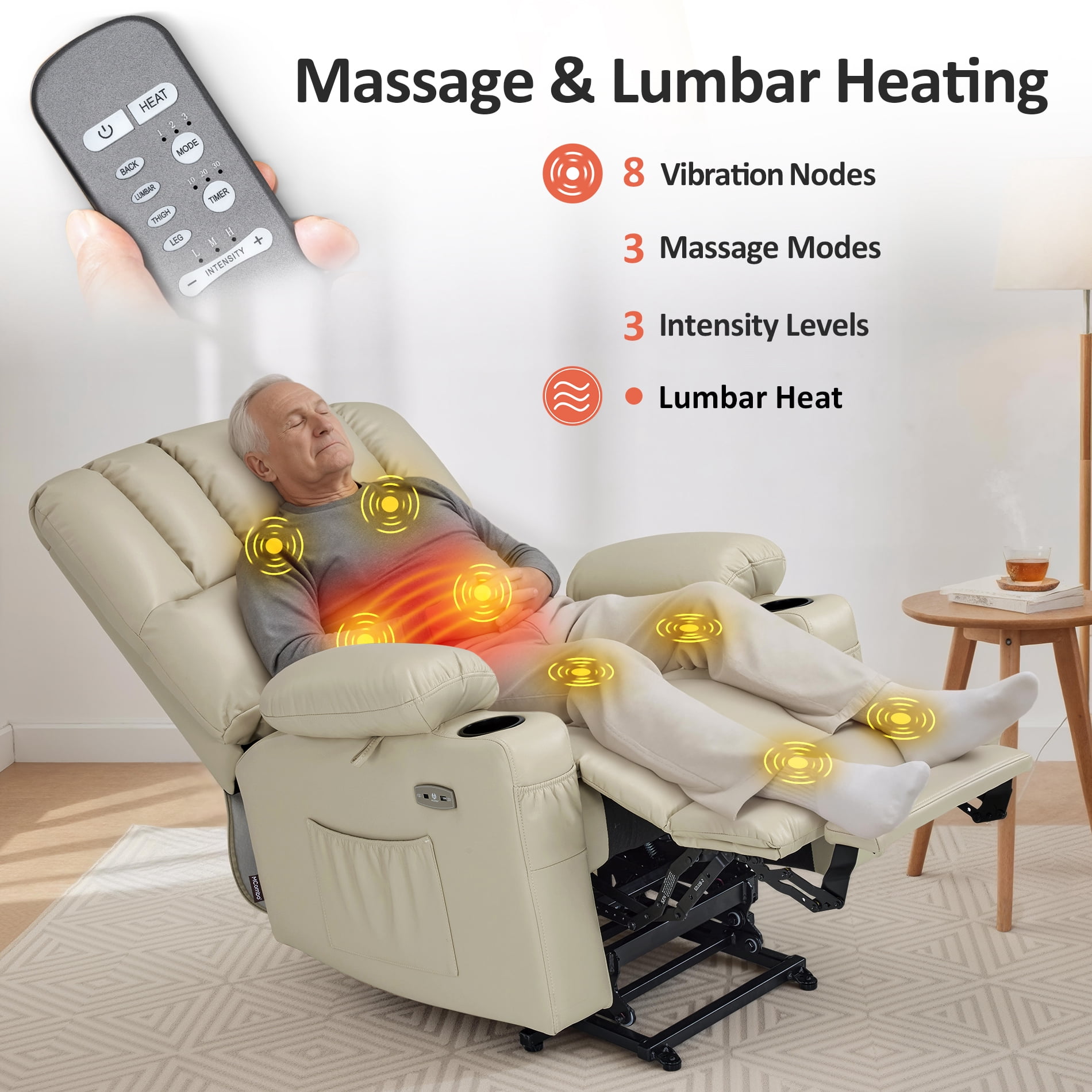MCombo Power Lift Recliner Chair with Massage Heat, Extended Footrest, Faux Leather(Medium-Regular, Cream White)