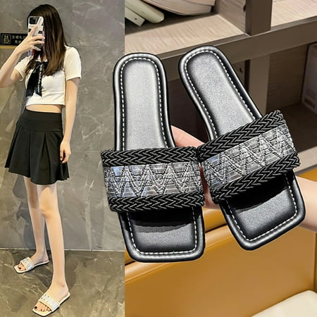 

Flat-bottomed Straw Woven Square-toe Slippers Women s Cross-border Ethnic Style Outer Wear Hollow Sandals