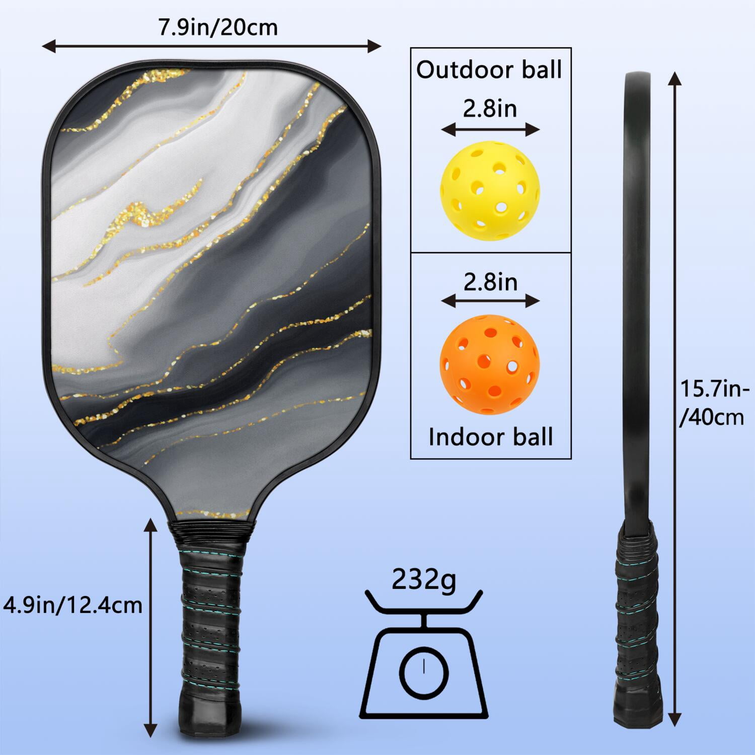 Pickleball Paddles Set Of 2, Fiberglass Surface, Turquoise Marble Pattern, 4 Balls & Bag