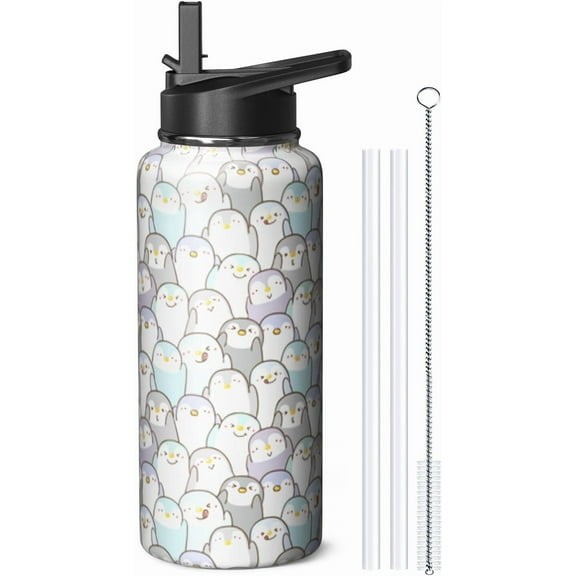 32oz Penguin Water Bottle with Handle and Flip Straw, Animal Sports Stainless Steel Insulated Cup Travel Coffee Mug Tumbler, Birthday Mothers Day Chritmas Gifts for Women