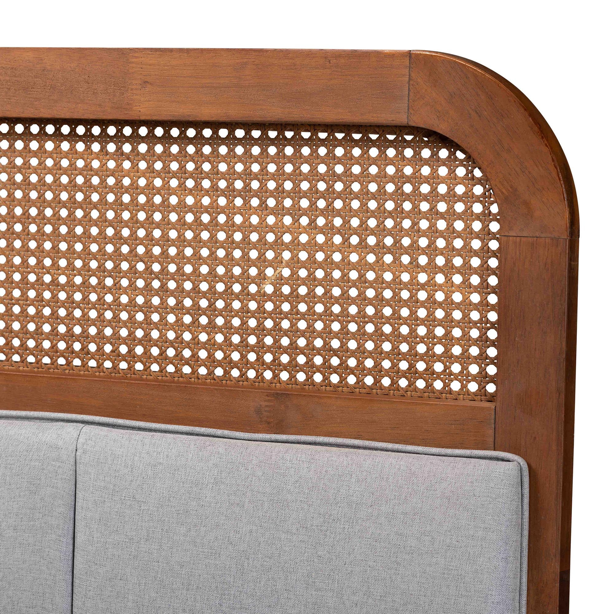 Baxton Studio Esti Mid-Century Modern Light Grey Fabric and Ash Walnut Finished Wood King Size Headboard with Rattan