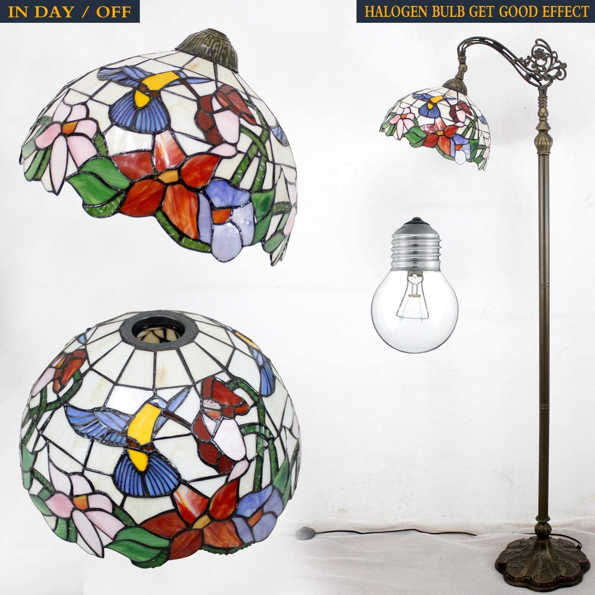 Tiffany Floor Lamp LED 64" Tall Industrial Pole Vintage Boho Hummingbird Stained Glass Standing Corner Bright Reading Light Arched Gooseneck Adjustable Living Room Kids Bedroom Farmhouse