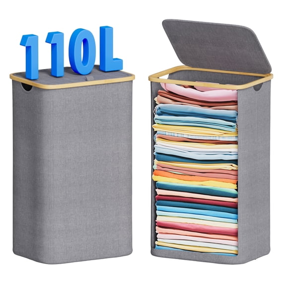 Tooloton 110L Large Laundry Hamper with Lid, Foldable Fabric Storage for Clothes, Blankets, Toys, Grey
