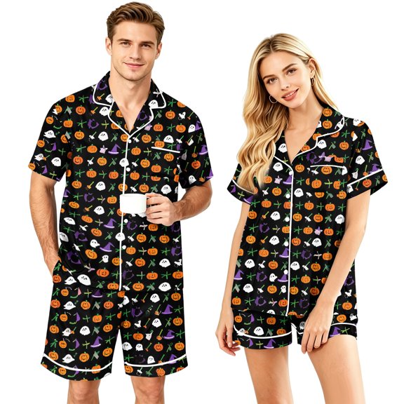 Matching Halloween Pajamas for Couples 2 Piece Short Sleeve Button Down Pjs Soft Breathable Sleepwear Loungewear for Women Men Pumpkin Ghost Bat Web Print Black L