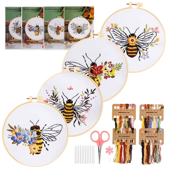 4pcs Bee Flower Pattern Embroidery Kit, EEEkit Cross Stitch Practice Set with Hoops