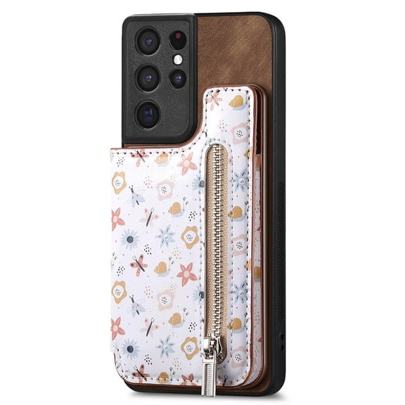 Allytech Galaxy S21 Ultra Case with Zipper Pocket & Cards Holder, Floral Slim Wallet Case for Girls Women Shockproof Stand Compatible with Car Mount Phone Case for Samsung Galaxy S21 Ultra -Brown
