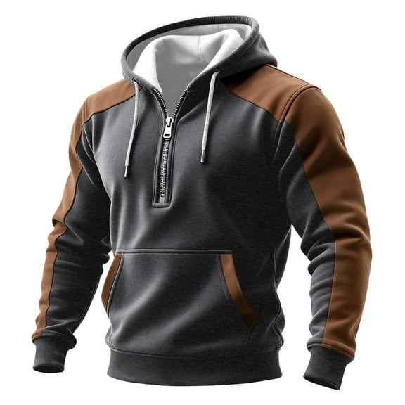 Domuza Hoodies for Men Pullover Quarter Zip Up Long Sleeve Drawstring Hooded Sweatshirt Fall Winter Loose Fit Casual Color Block Sports Pullover Gray 2XL