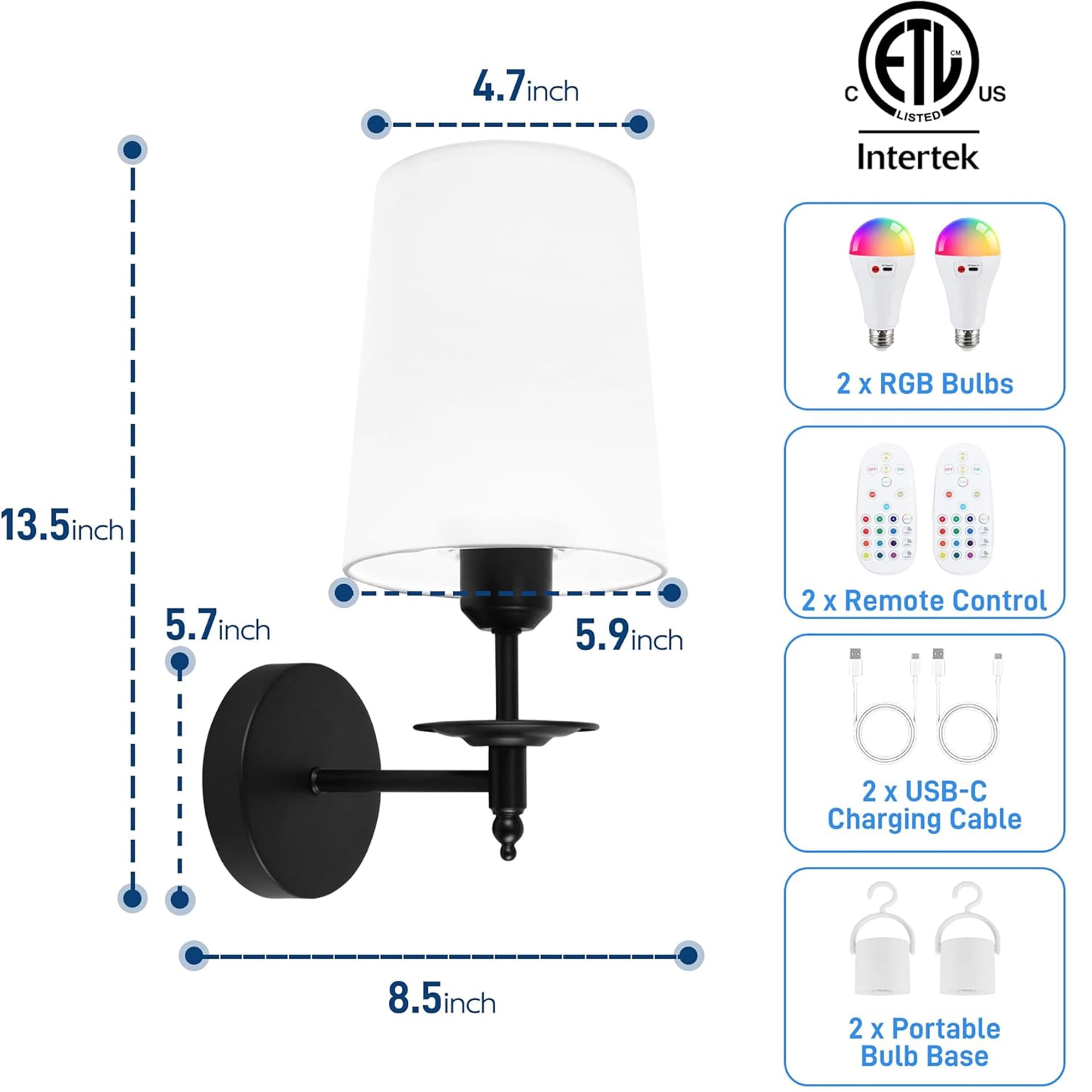 Hlite Smart Rechargeable Battery Operated Wall Sconce with Remote,3CCT & RGB Dimmable LED Bulb,Black Metal & White Fabric Shade Wall Lights for Bedroom,Living Room(Set of 2)