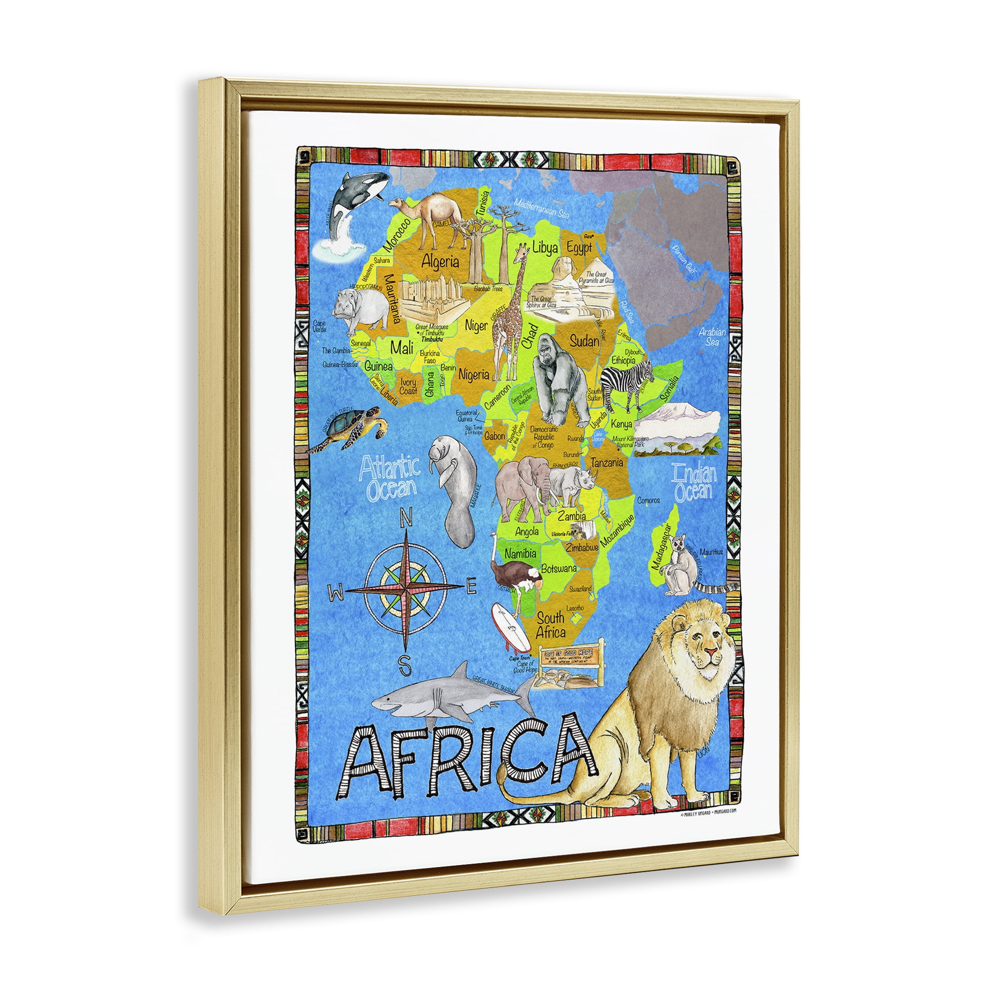 Stupell Industries African Animals Map Town & City Painting Gold Floater Framed Art Print Wall Art, 25 x 31