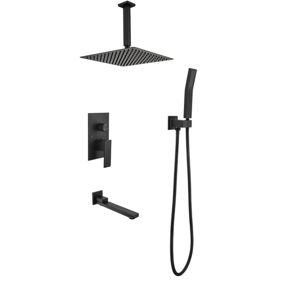 JERFIT Matte Black 3-Function Shower System Combo with Rainfall Showerhead, Handheld Shower, and Tub Spout for Bathroom