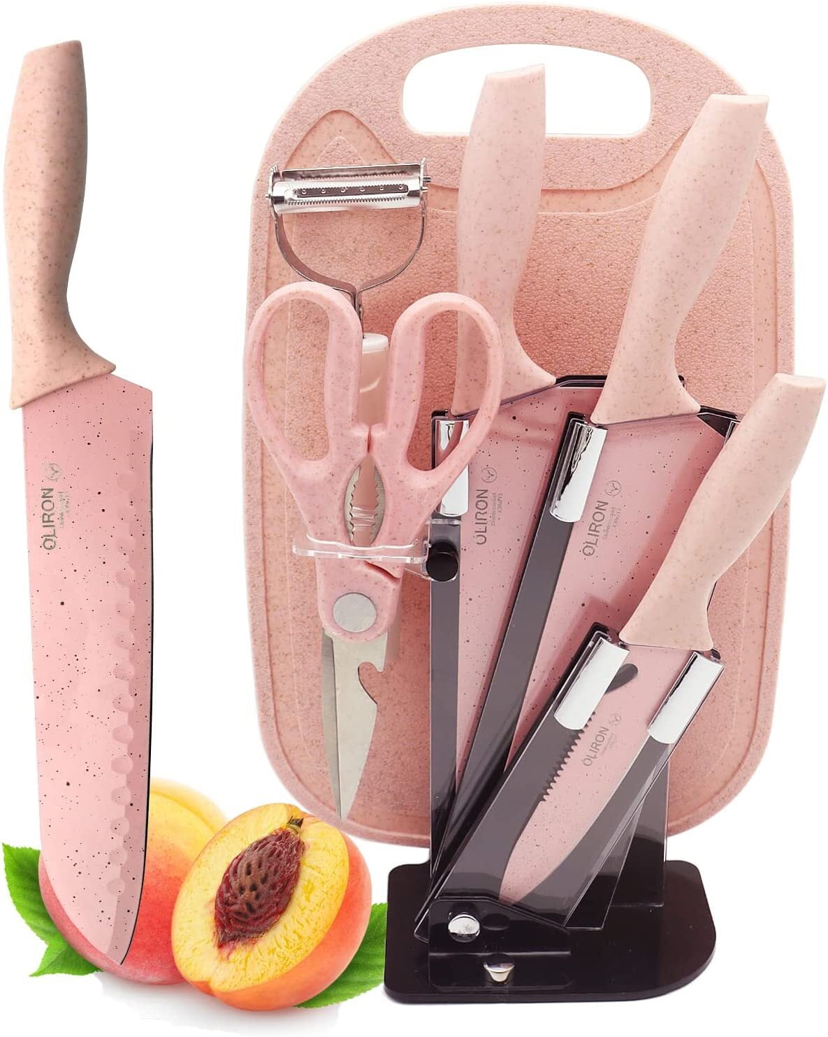 Kitchen Knife Set, Pink 7PC Wheat Straw Sharp Chef Knife Set with