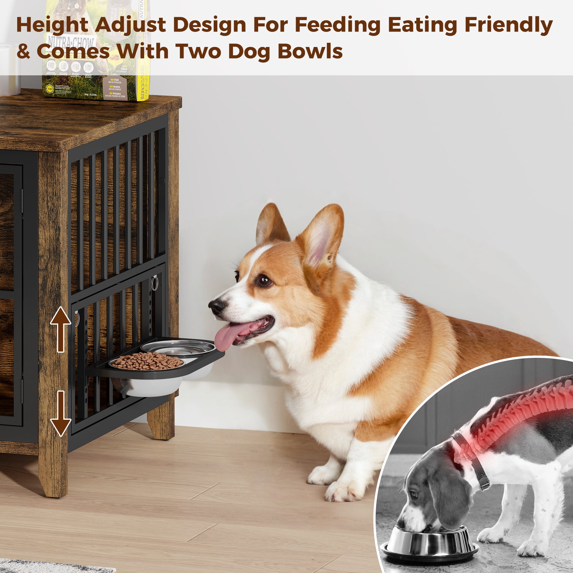 GIKPAL Dog Crate Furniture with 2 Adjustable Dog Bowls, Dog Kennel Indoor with Lockable Doors, 32" Pet Carrier House for Medium, Brown